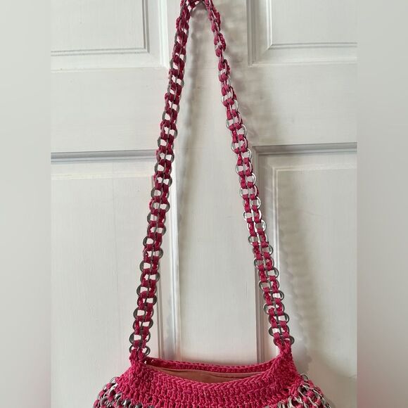 Crocheted Purse Recycled Soda Pop Tops Bag Upcycled Pink and Silver - Picture 6 of 9